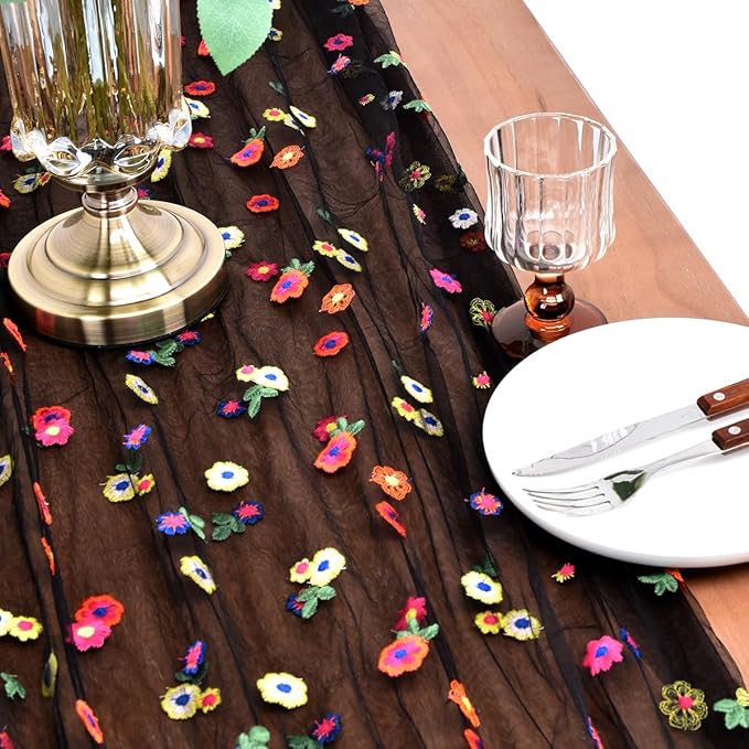 Joanlody Black Embroidery Daisy Spring Summer Table Runner 10ft Florals Seasonal Easter Tulle Table Runner Holiday Kitchen Dining Table Decoration for Home Party Indoor