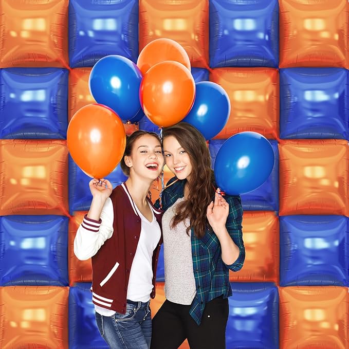 Blue and Orange Square Foil Balloons Wall, Double Sided Chrome Deep Blue and Orange Balloons Tunnel Arch Kit Backdrop for Boys Birthday Graduation Baby Shower blue Birthday Party Decorations