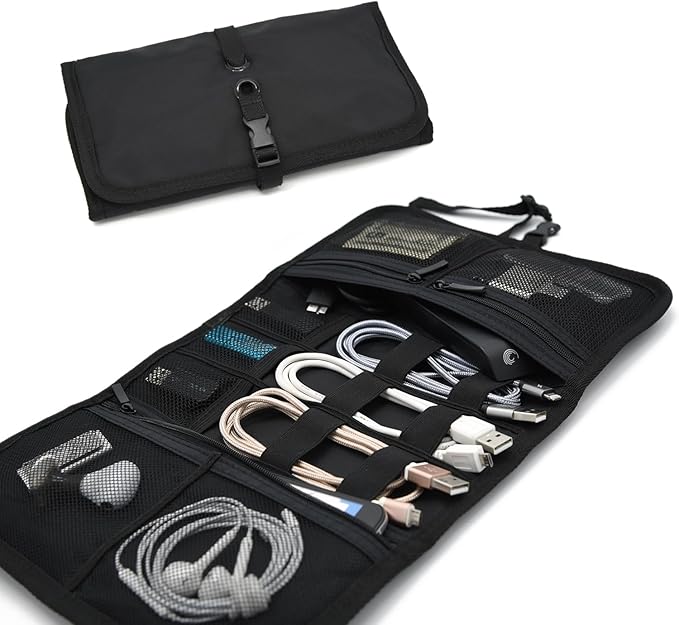 Patu Roll Up Electronics Accessories Travel Gear Organizer Case, Black - Portable Universal External Batteries Hard Drives Cable Management Healthcare Cosmetics Kit Bag