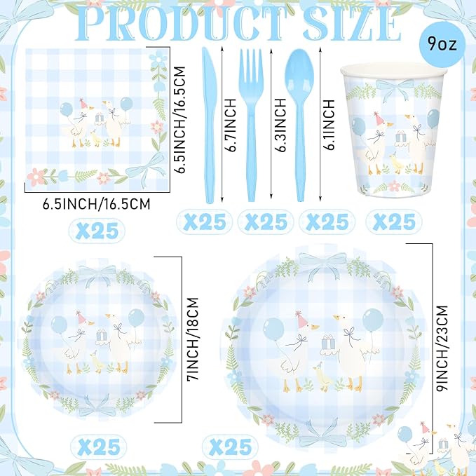 Havawish 175pcs One Silly Goose Birthday Party Tableware Set for 25 Guest Boy Blue Bow One Silly Goose Birthday Decor Baby Shower Plate Cup Napkin Fork Knife Spoon for 1st Party Decoration