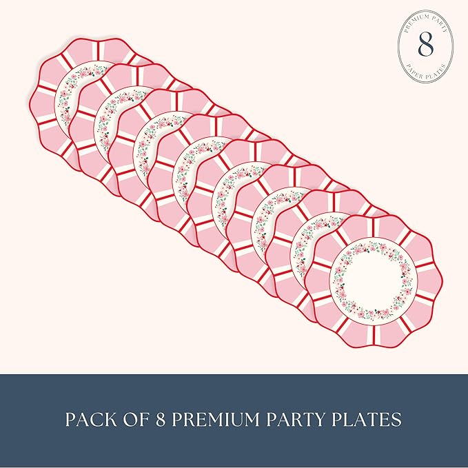 Bonjour Fête Pink & Red Floral Paper Party Dinner Plates | Large Disposable Dinner Plates for Valentine’s Day, Spring Parties & Tea Gatherings | Premium Party Supplies & Decorations | Pack of 8, 11"
