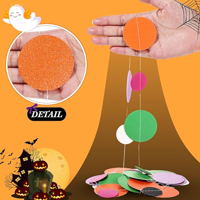Outus 5 Pieces Orange,Black,Purple,Green,White Round Dots Garland Easter Graduation Party Hanging Decor Each Length 13.1ft Glitter Paper Dot Streamers for Birthday Wedding Classroom