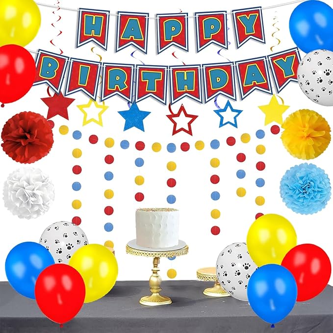 Dog Themed Party Decoration Set Includes Banners, Latex Balloons, Paper Flowers and Swirls for Pet Puppy Themed Birthday Party Supplies