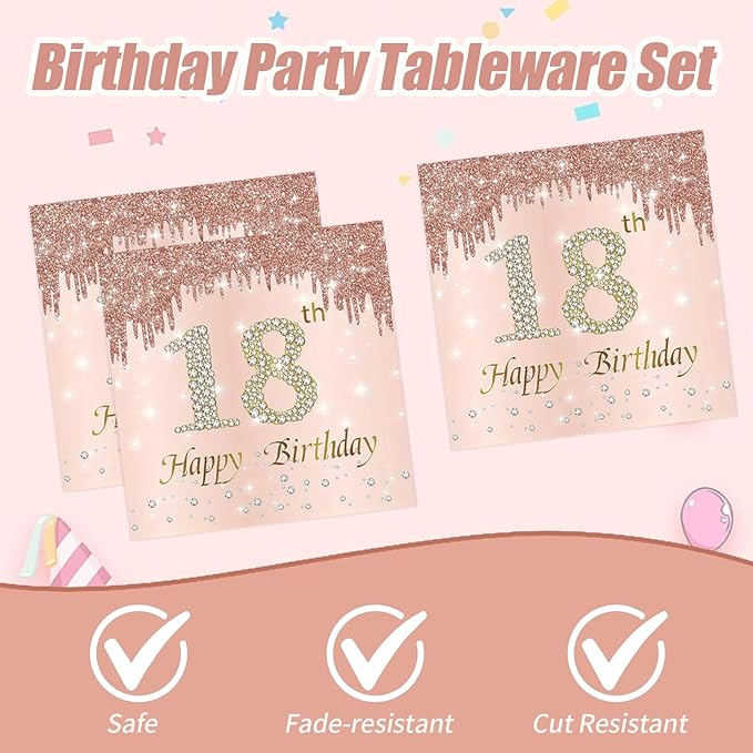 18th Rose Gold Birthday Plates and Napkins, 9 Inch Pink Rose Gold Disposable Dinner Dessert Plates Happy 18th Birthday Party Supplies Decorations for Girls Women