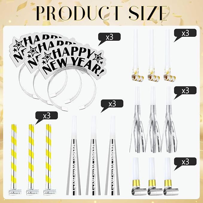 Lenwen 18 Pcs Happy New Years Eve Party Supplies New Year Noise Makers Headband Tiara Party Horn Blowers Whistles Fringed Noisemaker Novelty Favors for Adult Decoration(Silver)