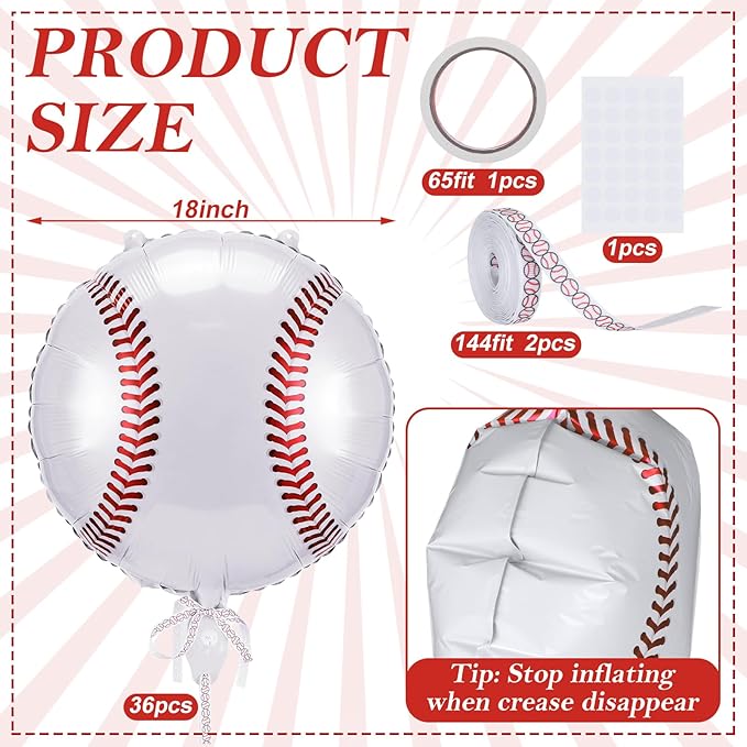 36 Pcs Baseball Balloons, 18 Inch Baseball Metallic Foil Balloons with Ribbons, Sports Party Decorations for Senior Night Birthday Baby Shower Party Supplies