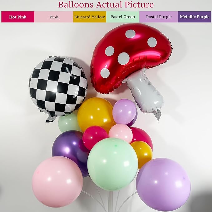 159Pcs Wonderland Balloon Arch Garland Kit with Pink, Yellow, Green, Purple, Butterfly, Mushroom, Checkered Foil Balloons, for Fairy 1st Birthday, Baby Shower, Tea Party, Onederland Birthday