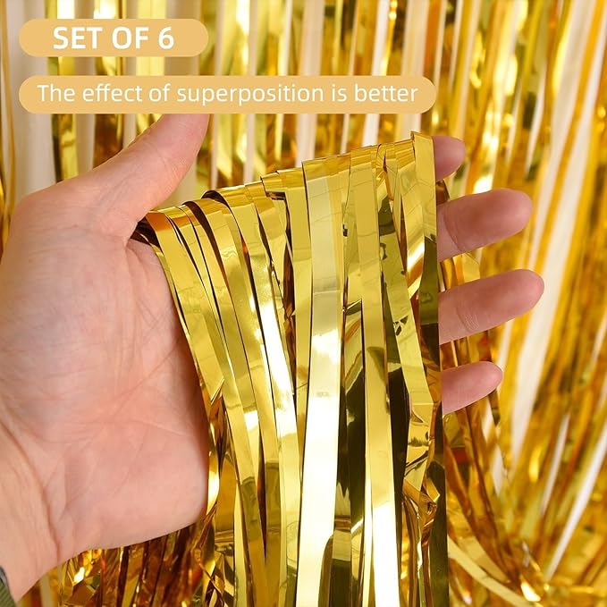 6 Pack Gold Foil Curtain Backdrop 3.2ft x 6.6ft Metallic Tinsel Fringe Backdrop Curtains Streamer Photo Booth Backdrop for Birthday Engagement Bachelorette Christmas Holiday Party Decorations