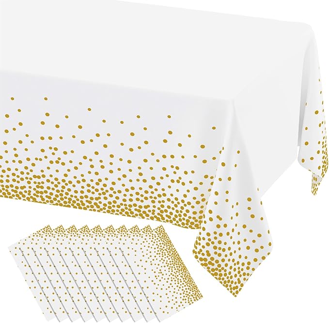 misaya 10 Packs Dot Disposable Table Cloth, 54 x 108 Inch Waterproof Plastic Tablecloth, Rectangle Gold Dots in White Table Covers for Easter, Picnic, Birthday, Party