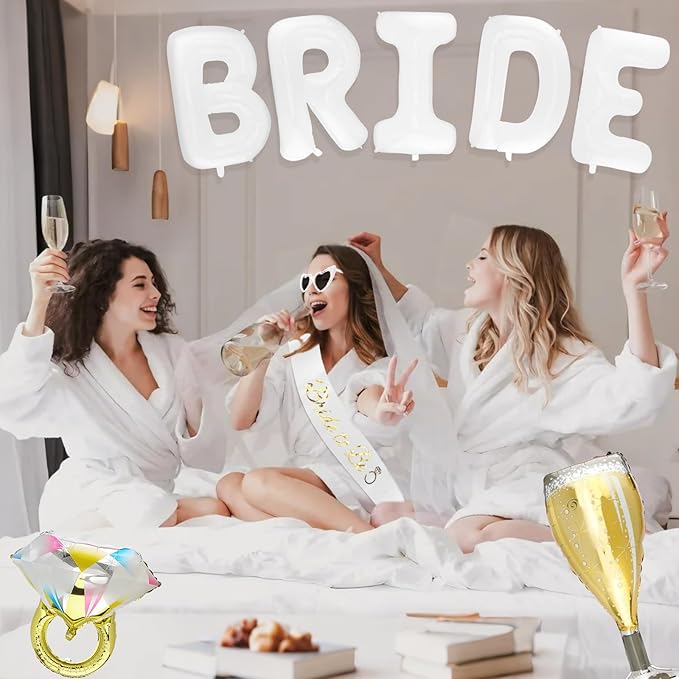 9PCS Bride to Be Balloon Decorations Set - BRIDE Letter Balloons, Ring & Champagne Foil Balloons, Veil, Sash & Sunglasses for Bachelorette, Bridal Shower, Engagement & Wedding Celebration