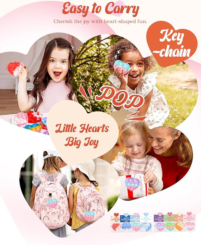 32 Pack Prefilled Valentines Day Pop Fidget & Cards Set for Kids Classroom - Mini Heart-Shaped Toys, for School Class Exchange & Party Favors
