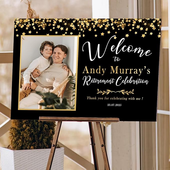 Modern Retirement Party Welcome Sign with Photo, Black and Gold Minimal with Photo Retirement Celebration Yard Sign, Customizable Name & Date - Multiple Sizes