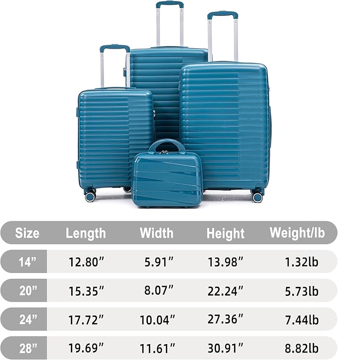 Hardshell 4 Luggage Sets, Lightweight Wave Suitcases with Spinner Wheels