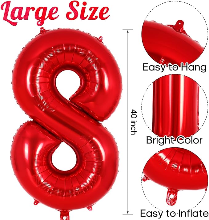 Red Number 8 Balloon 40 Inch, Big Large Foil Helium Number Balloons, Jumbo Giant Mylar Number 8 Balloons for 8 Year Old Birthday Red Party Decorations Supplies Anniversary