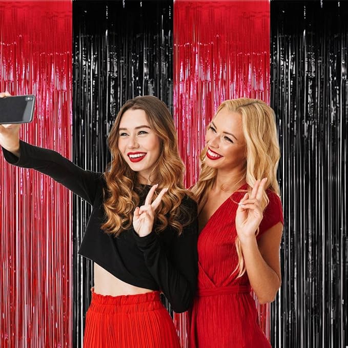 Red and Black Party Decorations- 4 Pack of 3.2x8.2ft Foil Fringe Curtains for Graduation Party Decorations Birthday Backdrop Decorations