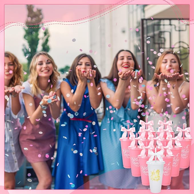 12 Pcs Birthday Party Tumblers, 24 oz Reusable Plastic Cups with Lids and Straws and Bows for Birthday Decorations Party Favor