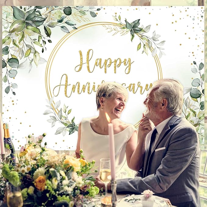 Sensfun 8x6ft Happy Anniversary Backdrop Sage Green Eucalyptus Wedding Anniversary Party Decorations Greenery Marriage Memorial Day Cheers to 10 Years 25th 40th 50th Wedding Day Banner