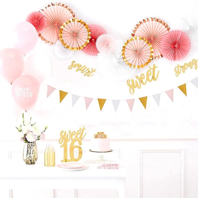 Pink White Gold Pennant Banner - 2 Pack Glitter Sprinkles Paper Triangle Flags, Birthday Bachelorette Engagement Wedding Baby Bridal Shower Party Decorations Bunting Lasting Surprise