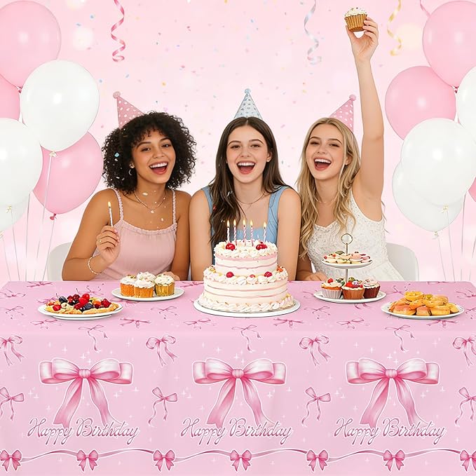 Gatherfun Pink Bow-Themed Party Supplies Set for Women: Happy Birthday & Bachelorette Decorations Combo - Includes 2 Disposable Tablecloths (54 x 108 inch) for Birthday & Tea Party Decorations