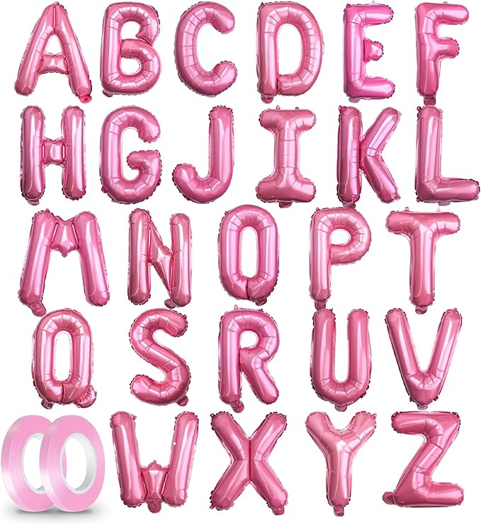 [26 Pcs] 16" Letter Pink Foil Balloons A-Z set, Mylar Aluminum Hanging Alphabet for Valentine's day Romance Mother's day Wedding Graduation Birthday Party Decorations New Year eve