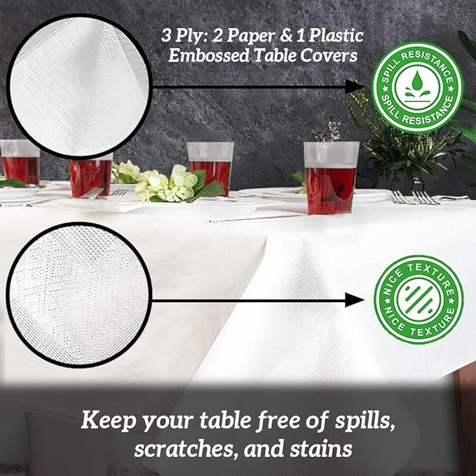 PARTY BARGAINS Disposable Table Covers, 54 x 108 Inch, White, 3-Ply Paper & Plastic Spill-Resistant Party Tablecloths, 5 Pack