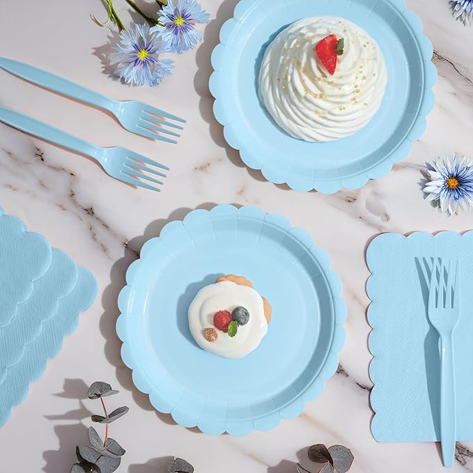 105PCS Paper Plates and Napkins Set,7 Inch Scalloped Disposable Tableware with Forks for Birthdays, Garden Parties & Outdoor Events,Serves 35 (Light Blue)
