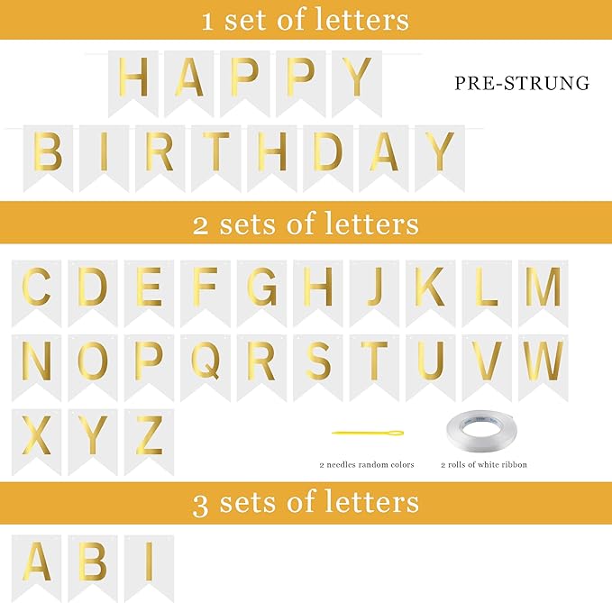 Pre-Strung Happy Birthday Banner Custom Banner Kit with Name 68PCS DIY Letter Banners Personalized Banners for Party White Golden