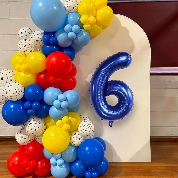 6th Birthday Decorations Boy, Dog Paw Six Years Old Party Arch with Red Blue Yellow Long Latex Balloons 40 inch Number 6 Balloon and Star Foil for Paw Birthday Party Supplies