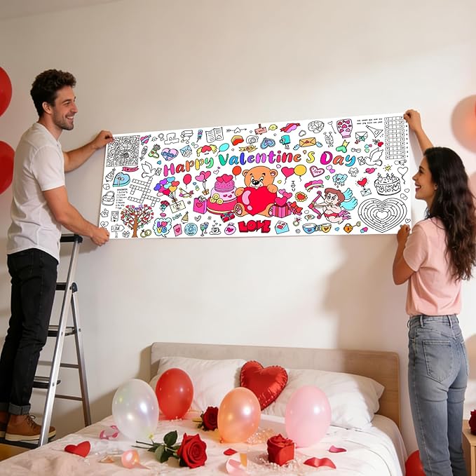 Valentine's Day Giant Coloring Poster,30x72 Inch Drawing Paper oloring Table Cloth,DIY Valentines Day Jumbo Activity Tablecloth Coloring Banner for Kids Art Home School Party Games Suppiles
