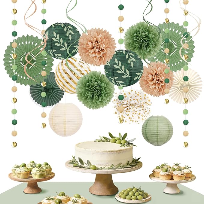 AOBKIAT Sage Green Party Decorations Kit for Birthday,Paper Decor with Flower,Lantern,Party Garland,Streamers for Netural Baby Shower,Bridal Shower,Boho Wedding,Bachelorette,Woodland Theme Parties