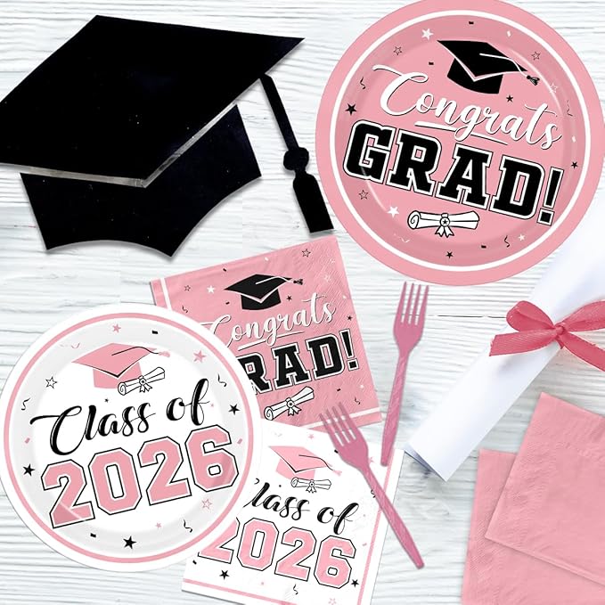 Graduation Party Plates and Napkins Pink Class of 2026 Grad Congrats Party Supplies Disposable Dessert Paper Plates Cocktail Napkins forGraduation Party Decorations,Serve 50