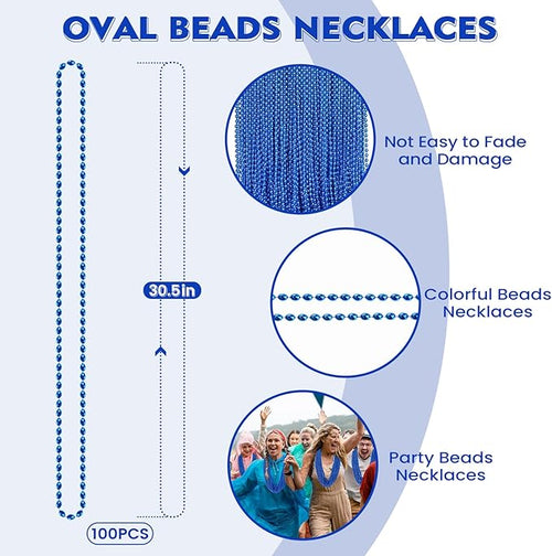 100 PCS Blue Bead Necklace, Blue Mardi Gras Christmas Oval Beads, 30.5" 4th of July Patriotic Beads Necklaces, Parade Throw Accessories for Independence Day Mardi Gras Hanukkah Pirate Theme Party