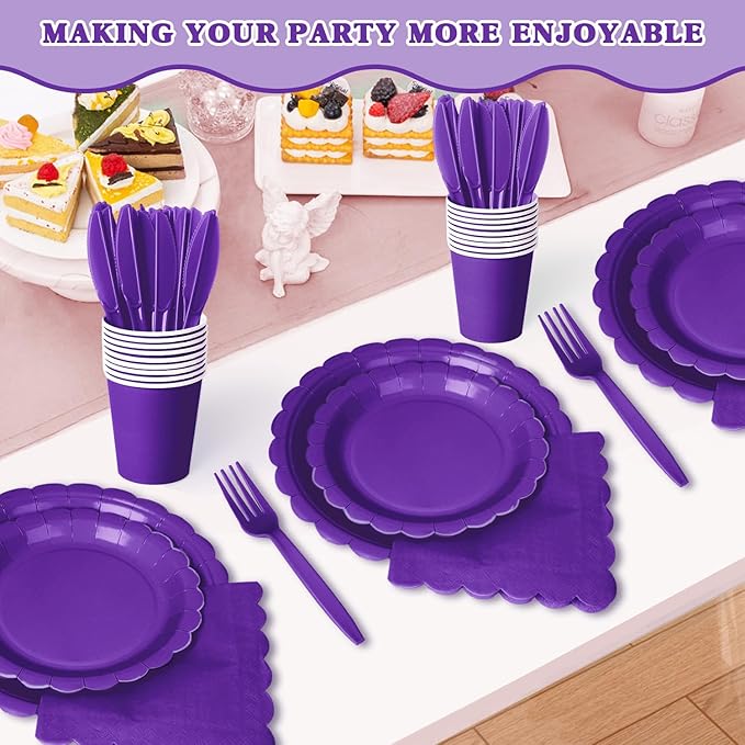 Vyntra 350 Pcs Deep Purple Disposable Paper Plates and Napkins Set for 50, 9" Dinner Plates & 7" Dessert Plates, Tableware for Birthday, Graduation, Party