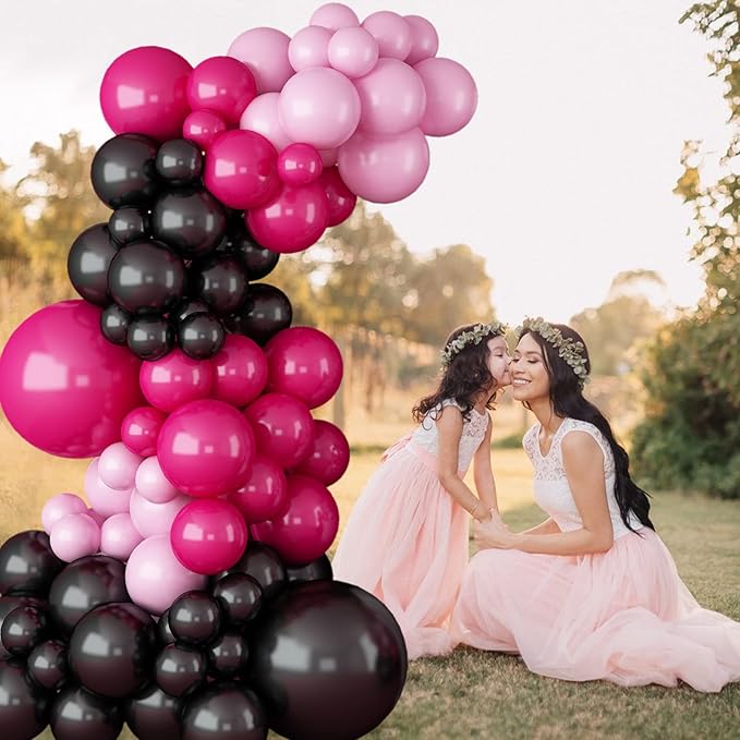 Hot Pink Black Balloon Garland Arch Kit,Rose Red Black and Pink Latex Balloons for Baby Shower Wedding Birthday Graduation Anniversary Bachelorette Party Background Decorations