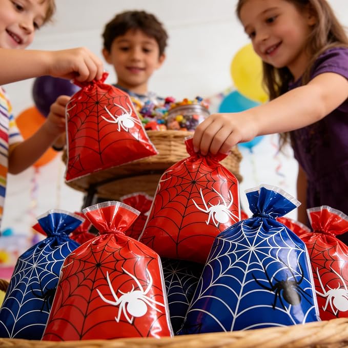 Xyinxy 40Pcs Spider Web Party Favor Bags, Red & Blue Cartoon Plastic Goodie Candy Bags for Party Supplies, Spider Treat Cookie Gift Bags with Handles for Birthday Party Theme