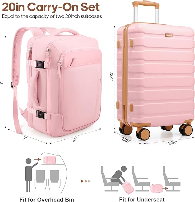 Luggage Sets 3 Piece, 20 Inch Hardshell Carry On Luggage 22x14x9 Airline Approved, Suitcase with TSA Locks & YKK Zippers, Carry On Suitcase with Wheels for Men & Women Travel
