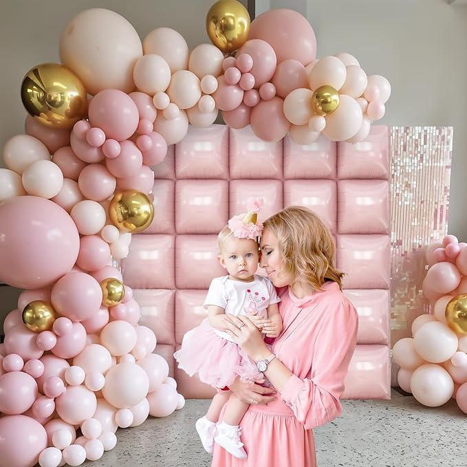 Pastel Pink Square Foil Balloons Wall, Double Sided Cream Light Baby Pink Balloons Tunnel Arch Kit Backdrop for Baby Shower Girls Birthday Bridal Princess Bachelorette Wedding Party Decorations