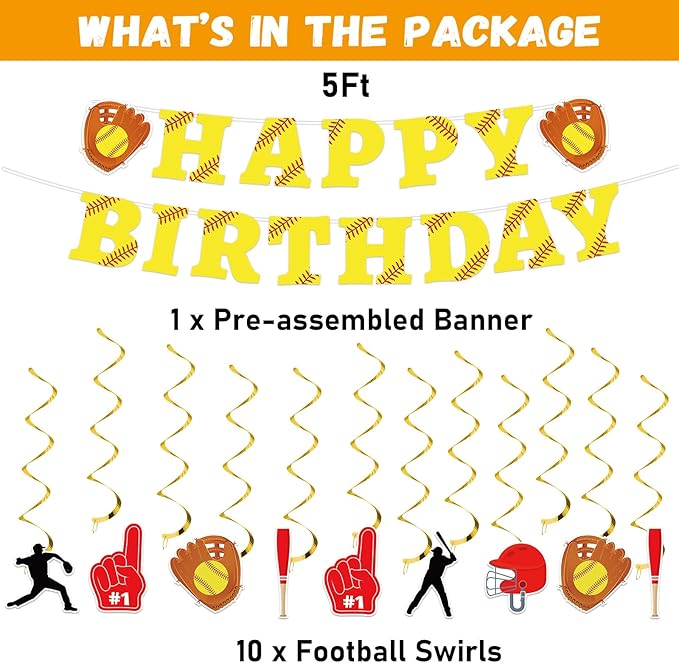 184pcs Softball Birthday Party Supplies Set Includes Softball Plates Napkins Cups Tablecloth Swirls Banner Tableware Kit Dispose Softball Party Decorations Favors for Girl Woman Man, Serve 25