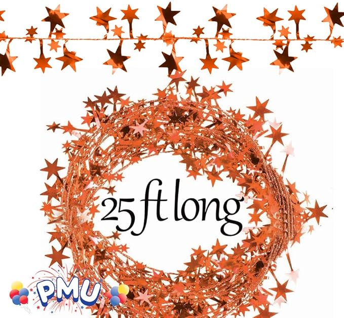 PMU 150 Ft Star Wire Shiny Garland Orange Star - Halloween, Christmas Party, Wedding, Birthday, Festive Home Decoration Ornament Orange Star (6pc-25Ft Each)