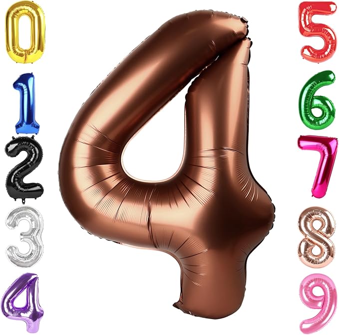 40 Inch Coffee Brown Number 4 Balloon, Giant 4 Number Balloons for 4th Birthday Decorations, Party Supplies for Baby Boy Girl, Coffee Brown Party Decor