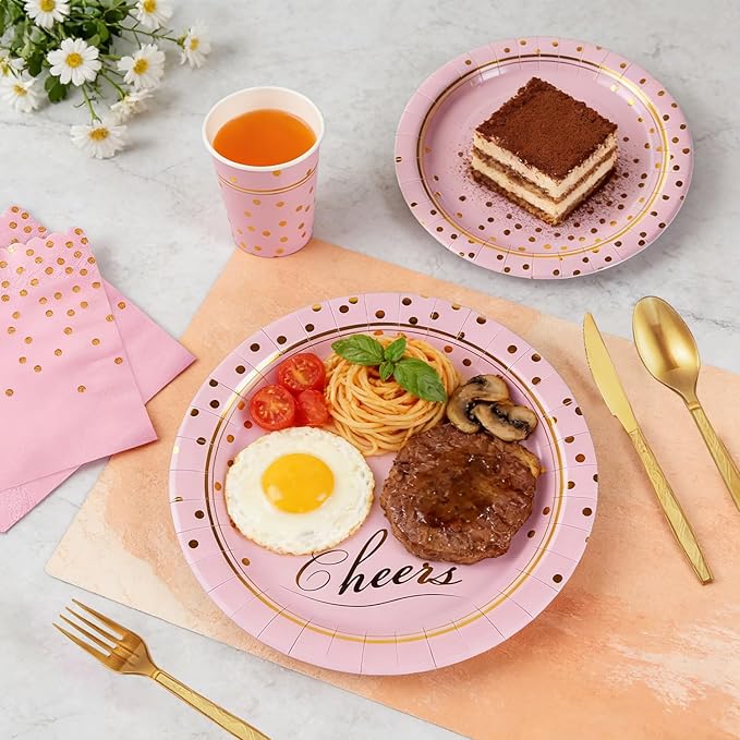 OuMuaMua Disposable Pink Paper Plates Party Supplies for 24 Guests, 168 Pcs Party Plates, Cups and Napkins with Utensils Set for Girls Birthday Baby Shower Princess Party Decor