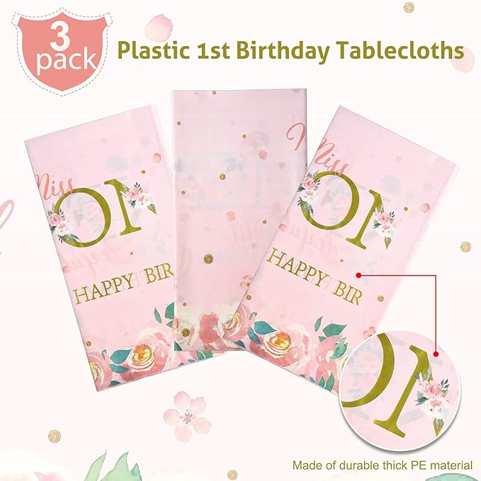 Tatuo 3 Pieces 1st Birthday Party Tablecloth Flower One First Birthday Table Cover Disposable Floral Miss Onederful Plastic Tablecloth for Kids Baby Shower Party Decoration Supplies, 54 x 108 Inch