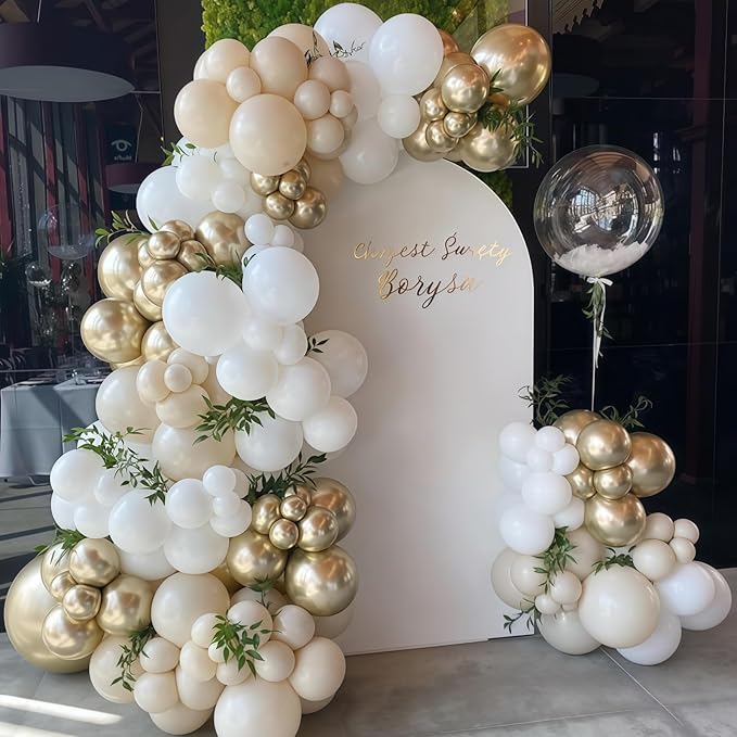 128PCS White Sand Gold Balloons Arch Kit, Nude Bridal Shower Balloon Garland with Metallic Gold Balloons for Bachelorette Bride to be Boho Wedding Baby Shower Birthday Graduation Party Decorations