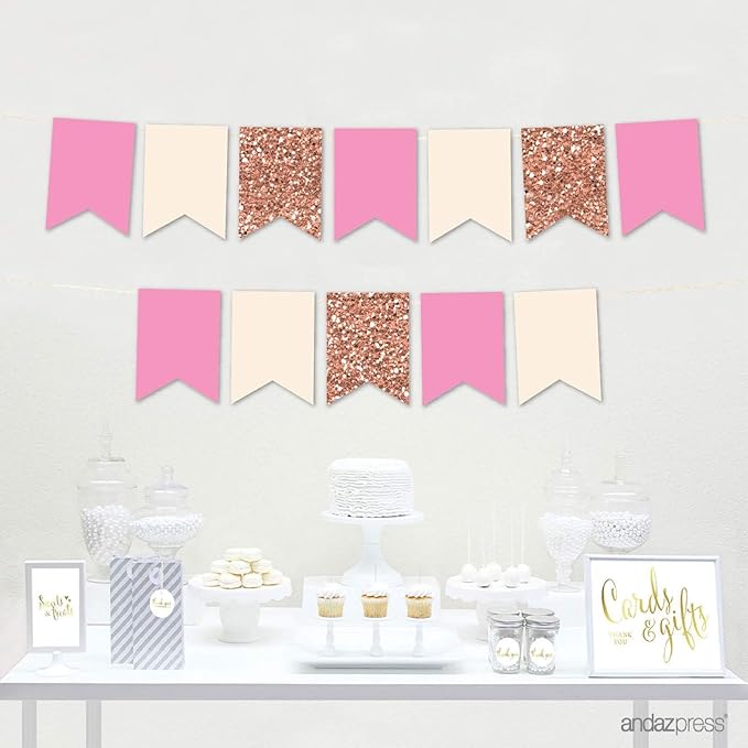 Andaz Press Hanging Pennant Banner with String, Faux Rose Gold Glitter, Ivory, Pink, 1-Set, 24 Pennants, Approx. 12-Feet Long, Girl's 1st Birthday Baptism Communion Theme Colored Supplies