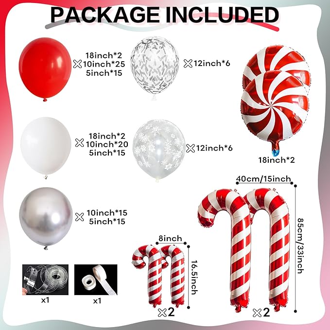 Christmas Balloon Arch Kit 129 Pcs Red White Silver Snowflake Confetti Latex Balloons Xmas Candy Cane Foil Balloon for Merry Christmas Friendsmas Winter New Year Birthday Party Decor