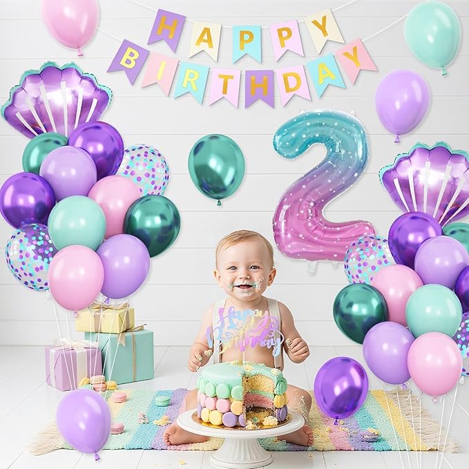 2nd Mermaid Birthday Decorations for Girls,2nd Party Decorations Metallic Purple Green Pink Blue Latex Balloons Number 2 Seashell Foil Balloons Banner Cake Topper Sea Party Decor