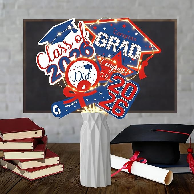 OuMuaMua Graduation Decorations Class of 2026-30pcs Red and Blue Graduation Table Centerpieces Sticks Table Toppers with Lights for College High School Congrats Grad Party Supplies