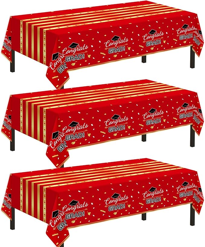 Childom 3 Pack Graduation Tablecloth,Graduation Decorations Class of 2026 Graduation Party Decorations,54"x108" Red and Gold Plastic Table Cloth Disposable Rectangle for Home,School,Party Supplies