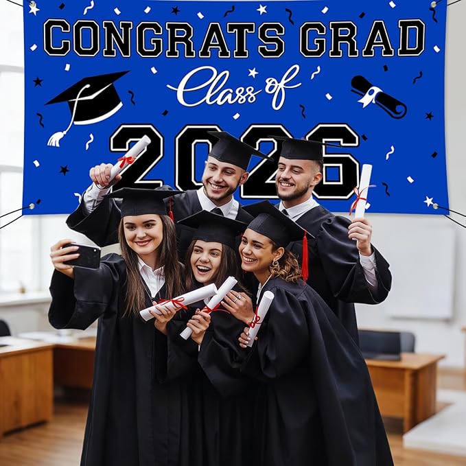 WOHOHOHO 23Pcs Graduation Decorations 2026 Set, Blue Porch Door Sign GRAD Banner, Class of 2026 Backdrop, 5 Colors Large Balloons, Hanging Party Supplies for High School College Indoor Outdoor Decor