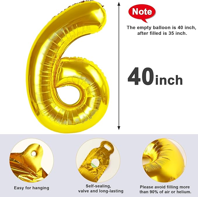 Number 6 Balloon 40 Inch, 6th Birthday Balloon for Boy Girl, Gold 16 60 61 65 Numbers Balloons Birthday Party Wedding Events Decorations